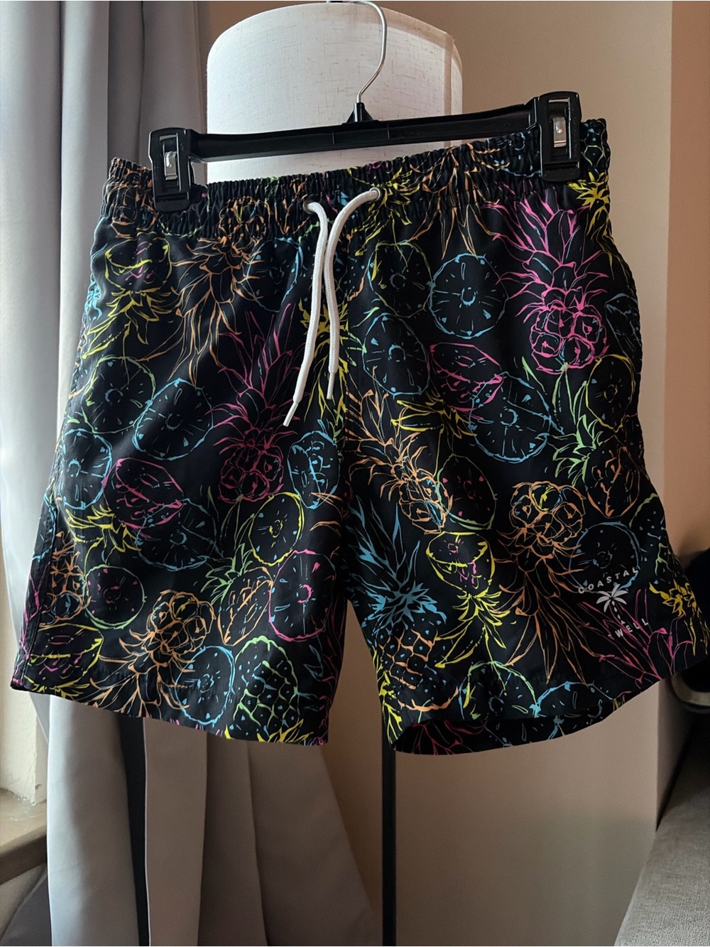 Men's Black Neon Tropical Print Swim Trunks - Coastal Style